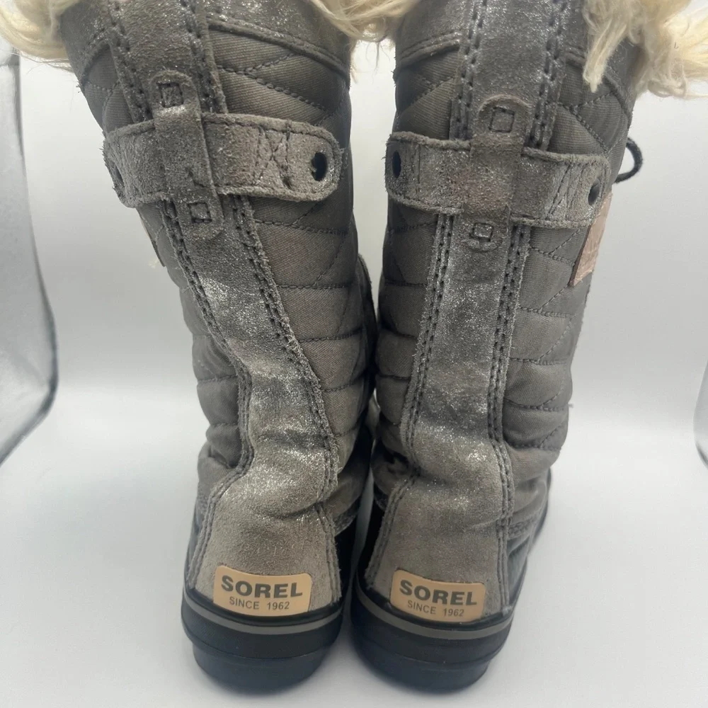 SOREL Tofino Il  Girls  Silver Gray Black Winter Snow Boot  Fur  Lace Up  Size 1